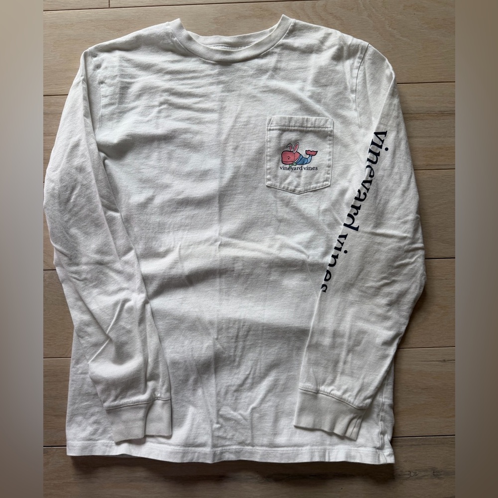 Vineyard Vines White Long-Sleeve Tee with Pink Whale Pocket and Navy Sleeve Logo